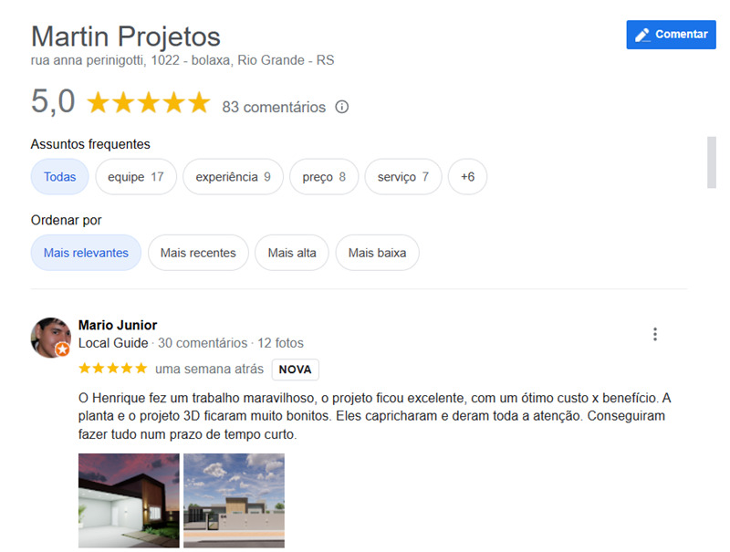 A Martin Projetos tem 99% de avaliação positiva!